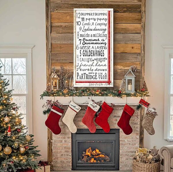 Toe Fish Art Charming Vintage 12 Days of Christmas Sign Traditional Holiday Keepsake Cottage Style Wall Art, Canvas or Outdoor Metal Vertical Wall Hanging, Rustic Country Christmas classic sign handcrafted in durable high-quality canvas or outdoor weatherproof solid aluminum metal, handmade in the USA from start to finish! Beautiful, stylish and timeless seasonal winter wall decor. Handcrafted in the USA by ToeFishArt, and built to last a lifetime by the Toe Fish Art family artisans. This original artist design of "The Twelve Days of Christmas" song lyrics is a beautifully hand-lettered design in vintage winter white, black and Christmas red. This whimsical artwork adds unique eye-catching decor indoors or outdoors. Add instant outdoor holiday curb appeal! Christmas welcome entryway porch or living room fireplace hearth or mantel wall hanging or shelf sitter. Original, custom, personalized wall decor signs. Canvas, Wood or Metal. Rustic modern farmhouse, cottagecore, vintage, retro, industrial, Americana, primitive, country, coastal, minimalist. Toe Fish Art is a USA small family woman owned business making beautiful decor since 1997.