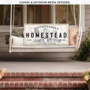 Family Homestead Sign handmade by ToeFishArt. Original, custom, personalized wall decor signs. Canvas, Wood or Metal. Rustic modern farmhouse, cottagecore, vintage, retro, industrial, Americana, primitive, country, coastal, minimalist.