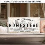 Family Homestead Sign handmade by ToeFishArt. Original, custom, personalized wall decor signs. Canvas, Wood or Metal. Rustic modern farmhouse, cottagecore, vintage, retro, industrial, Americana, primitive, country, coastal, minimalist.