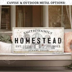 Family Homestead Sign handmade by ToeFishArt. Original, custom, personalized wall decor signs. Canvas, Wood or Metal. Rustic modern farmhouse, cottagecore, vintage, retro, industrial, Americana, primitive, country, coastal, minimalist.