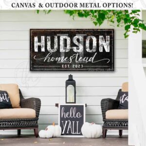 Homestead Sign Personalized in Exterior Outdoor Metal or Canvas handmade by ToeFishArt. Original, custom, personalized wall decor signs. Canvas, Wood or Metal. Rustic modern farmhouse, cottagecore, vintage, retro, industrial, Americana, primitive, country, coastal, minimalist.