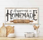 Happiness is Homemade with Love and Butter Kitchen Sign handmade by ToeFishArt. Original, custom, personalized wall decor signs. Canvas, Wood or Metal. Rustic modern farmhouse, cottagecore, vintage, retro, industrial, Americana, primitive, country, coastal, minimalist.