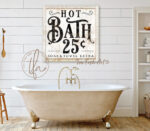 Hot Bath 25 Cents Nostalgic Vintage Bathroom Powder Room Sign handmade by ToeFishArt. Original, custom, personalized wall decor signs. Canvas, Wood or Metal. Rustic modern farmhouse, cottagecore, vintage, retro, industrial, Americana, primitive, country, coastal, minimalist.