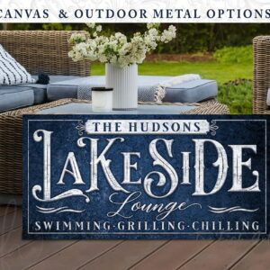 Personalized Lakeside Bar Sign handmade by ToeFishArt. Original, custom, personalized wall decor signs. Canvas, Wood or Metal. Rustic modern farmhouse, cottagecore, vintage, retro, industrial, Americana, primitive, country, coastal, minimalist.