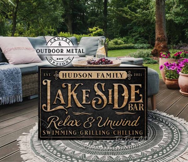 Personalized Lakeside Bar Sign handmade by ToeFishArt. Original, custom, personalized wall decor signs. Canvas, Wood or Metal. Rustic modern farmhouse, cottagecore, vintage, retro, industrial, Americana, primitive, country, coastal, minimalist.