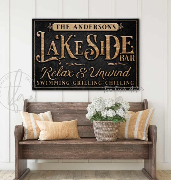 Personalized Lakeside Bar Sign handmade by ToeFishArt. Original, custom, personalized wall decor signs. Canvas, Wood or Metal. Rustic modern farmhouse, cottagecore, vintage, retro, industrial, Americana, primitive, country, coastal, minimalist.