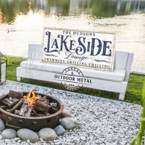 Personalized Lakeside Lounge Sign handmade by ToeFishArt. Original, custom, personalized wall decor signs. Canvas, Wood or Metal. Rustic modern farmhouse, cottagecore, vintage, retro, industrial, Americana, primitive, country, coastal, minimalist.