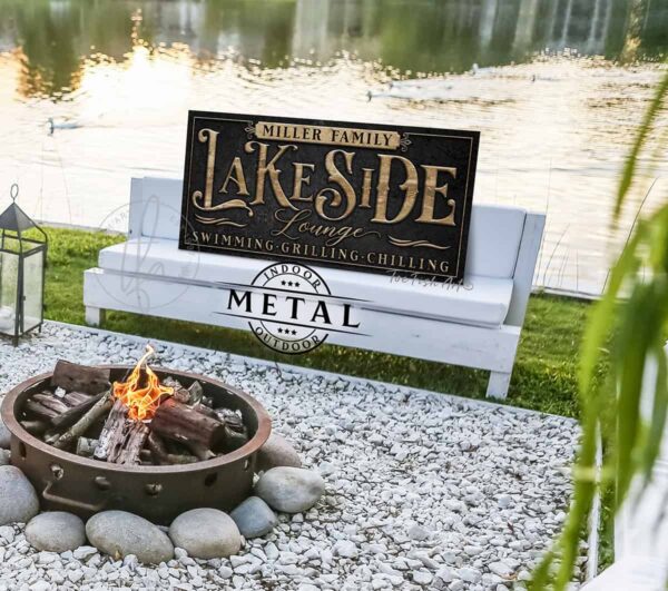 Personalized Lakeside Lounge Sign handmade by ToeFishArt. Original, custom, personalized wall decor signs. Canvas, Wood or Metal. Rustic modern farmhouse, cottagecore, vintage, retro, industrial, Americana, primitive, country, coastal, minimalist.