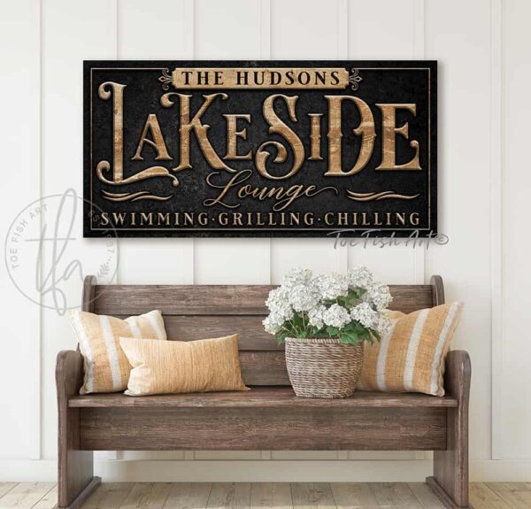 Personalized Lakeside Lounge Sign handmade by ToeFishArt. Original, custom, personalized wall decor signs. Canvas, Wood or Metal. Rustic modern farmhouse, cottagecore, vintage, retro, industrial, Americana, primitive, country, coastal, minimalist.