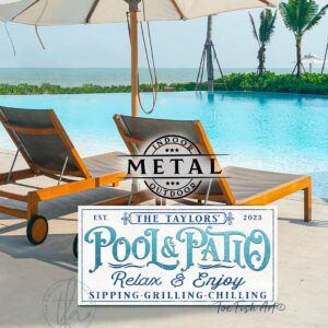 Pool & Patio Personalized Sign handmade by ToeFishArt. Original, custom, personalized wall decor signs. Canvas, Wood or Metal. Rustic modern farmhouse, cottagecore, vintage, retro, industrial, Americana, primitive, country, coastal, minimalist.
