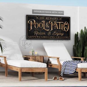 Pool & Patio Personalized Sign handmade by ToeFishArt. Original, custom, personalized wall decor signs. Canvas, Wood or Metal. Rustic modern farmhouse, cottagecore, vintage, retro, industrial, Americana, primitive, country, coastal, minimalist.