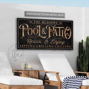 Pool & Patio Personalized Sign handmade by ToeFishArt. Original, custom, personalized wall decor signs. Canvas, Wood or Metal. Rustic modern farmhouse, cottagecore, vintage, retro, industrial, Americana, primitive, country, coastal, minimalist.