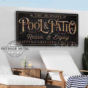 Toe Fish Art vintage-style Outdoor Waterproof Metal 'Pool & Patio' Personalizable Custom sign, personalized with family name and year. Available in a wide array of colors and sizes. Toe Fish Art's artisan-made outdoor waterproof metal wall decor, expertly made with American-sourced materials. This premium, handcrafted piece can be customized to fit your style. Built to last with genuine craftsmanship, this heirloom decor adds cottagecore charm and heritage quality to any space. Made in the USA with durable, authentic materials for a beautiful and meaningful display to last year after year. Modern Farmhouse Cottagecore wall decor handcrafted in durable high-quality outdoor weatherproof solid aluminum metal, handmade in the USA from start to finish! Beautiful, stylish and timeless wall decor artwork. Handcrafted in the USA by ToeFishArt, and built to last a lifetime by the Toe Fish Art family artisans. This beautiful original artwork adds unique eye-catching decor indoors or outdoors. Perfect for your patio, lanai, deck, veranda, or lawn. This special outdoor decoration is a beautiful reminder of outdoor living. Original, custom, personalized wall decor signs. Canvas, Wood or Metal. Rustic modern farmhouse, cottagecore, vintage, retro, industrial, Americana, primitive, country, coastal, minimalist. Toe Fish Art is a USA small family woman owned business making beautiful decor since 1997.