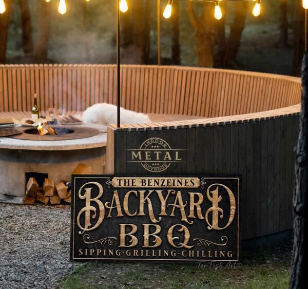 Personalize-able OUTDOOR METAL Backyard BBQ Sign with custom wording options handmade by ToeFishArt. Original, custom, personalized wall decor signs. Canvas, Wood or Metal. Rustic modern farmhouse, cottagecore, vintage, retro, industrial, Americana, primitive, country, coastal, minimalist.