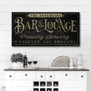 Personalized Bar & Lounge Sign handmade by ToeFishArt. Original, custom, personalized wall decor signs. Canvas, Wood or Metal. Rustic modern farmhouse, cottagecore, vintage, retro, industrial, Americana, primitive, country, coastal, minimalist.