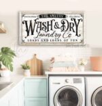 Wash & Dry personalized Laundry Company sign Loads and Loads of Fun Open 24 hours Self Service handmade by ToeFishArt. Original, custom, personalized wall decor signs. Canvas, Wood or Metal. Rustic modern farmhouse, cottagecore, vintage, retro, industrial, Americana, primitive, country, coastal, minimalist.