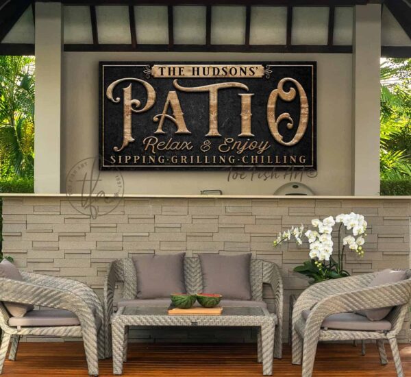 Patio Sign handmade by ToeFishArt. Original, custom, personalized wall decor signs. Canvas, Wood or Metal. Rustic modern farmhouse, cottagecore, vintage, retro, industrial, Americana, primitive, country, coastal, minimalist.