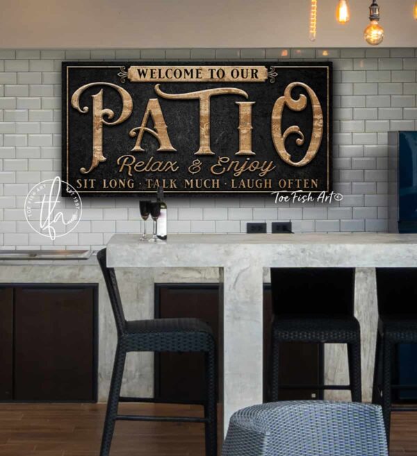 Patio Sign handmade by ToeFishArt. Original, custom, personalized wall decor signs. Canvas, Wood or Metal. Rustic modern farmhouse, cottagecore, vintage, retro, industrial, Americana, primitive, country, coastal, minimalist.