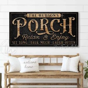 Porch Sign handmade by ToeFishArt. Original, custom, personalized wall decor signs. Canvas, Wood or Metal. Rustic modern farmhouse, cottagecore, vintage, retro, industrial, Americana, primitive, country, coastal, minimalist.