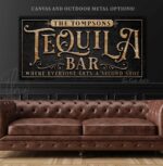 Personalized Tequila Bar Sign Lounge Wall Decor Canvas OR Outdoor Exterior Rated Metal Print handmade by ToeFishArt. Original, custom, personalized wall decor signs. Canvas, Wood or Metal. Rustic modern farmhouse, cottagecore, vintage, retro, industrial, Americana, primitive, country, coastal, minimalist.