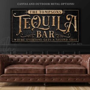 Personalized Tequila Bar Sign Lounge Wall Decor Canvas OR Outdoor Exterior Rated Metal Print handmade by ToeFishArt. Original, custom, personalized wall decor signs. Canvas, Wood or Metal. Rustic modern farmhouse, cottagecore, vintage, retro, industrial, Americana, primitive, country, coastal, minimalist.