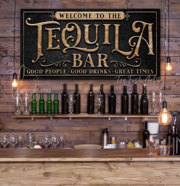 Personalized Tequila Bar Sign Lounge Wall Decor Canvas OR Outdoor Exterior Rated Metal Print handmade by ToeFishArt. Original, custom, personalized wall decor signs. Canvas, Wood or Metal. Rustic modern farmhouse, cottagecore, vintage, retro, industrial, Americana, primitive, country, coastal, minimalist.