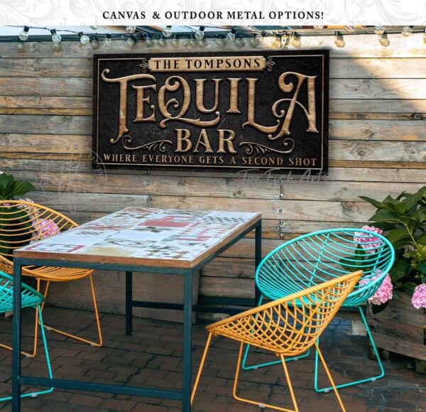 Personalized Tequila Bar Sign Lounge Wall Decor Canvas OR Outdoor Exterior Rated Metal Print handmade by ToeFishArt. Original, custom, personalized wall decor signs. Canvas, Wood or Metal. Rustic modern farmhouse, cottagecore, vintage, retro, industrial, Americana, primitive, country, coastal, minimalist.