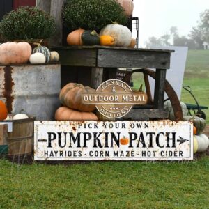 Pick Your Own Pumpkin Patch Sign handmade by ToeFishArt in Canvas or Exterior Outdoor Metal. Original, custom, personalized wall decor signs. Canvas, Wood or Metal. Rustic modern farmhouse, cottagecore, vintage, retro, industrial, Americana, primitive, country, coastal, minimalist.