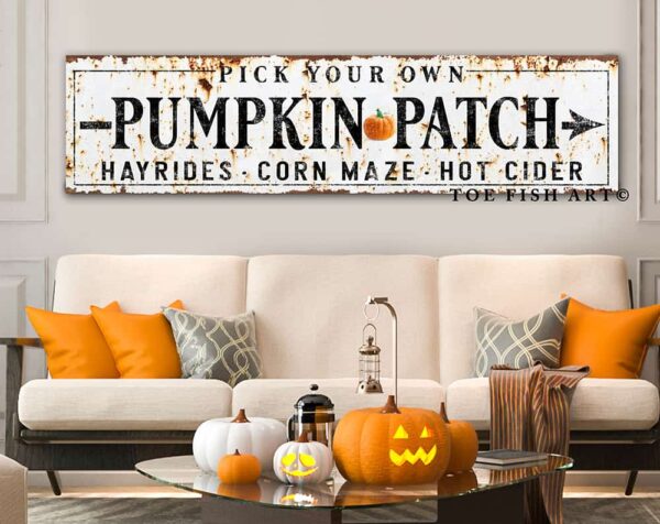 Pick Your Own Pumpkin Patch Sign Personalized handmade by ToeFishArt in Canvas or Exterior Outdoor Metal. Original, custom, personalized wall decor signs. Canvas, Wood or Metal. Rustic modern farmhouse, cottagecore, vintage, retro, industrial, Americana, primitive, country, coastal, minimalist.