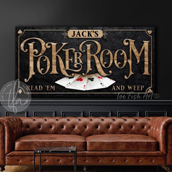 Personalized custom Poker Room sign featuring the phrase 'Read 'Em and Weep.' Available in framed canvas or waterproof and rustproof aluminum metal. This printed sign showcases a vintage slate black background with woodgrain-style lettering and a detailed design of four aces cards. Ideal for upgrading your game room, casino table, man cave, whisky and bourbon bar decor. Customized sign, personalized with family name or favorite saying and custom wording options. Available in a wide array of sizes. Toe Fish Art's artisan-made wall decor is expertly made with American-sourced materials. This premium, handcrafted piece can be customized to fit your style. Built to last with genuine craftsmanship, this heirloom decor adds rustic cottage charm and heritage quality to any space. Made in the USA with durable, authentic materials for a beautiful and meaningful display to last year after year. Modern Farmhouse Cottagecore wall decor handcrafted in durable high-quality framed canvas or indoor-outdoor weatherproof solid aluminum metal, handmade in the USA from start to finish! Beautiful, stylish and timeless wall decor artwork. Handmade in the USA by ToeFishArt, and built to last a lifetime by the Toe Fish Art family artisans. This beautiful original artwork adds unique eye-catching decor indoors or outdoors. Perfect for your game room, man cave, theater, sports bar, basement bar, garage bar, patio, lanai, deck, or any outdoor entertaining space. This special decoration is a fun way to celebrate family and friends or guy game nights. Original, custom, personalized wall decor signs. Canvas, Wood or Metal. Rustic modern farmhouse, cottagecore, vintage, retro, industrial, Americana, primitive, country, coastal, minimalist. Toe Fish Art is a USA small family woman owned business making beautiful decor since 1997.