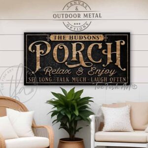 Toe Fish Art Personalize-able Welcome to our Porch sign handcrafted in Canvas or Outdoor Weatherproof Waterproof Rustproof Metal with popular sayings like Sit Long Talk Much Laugh Often, Relax & Unwind You're on Porch Time! It's always happy hour here, Good people Good drinks Great times, Sipping Grilling Chilling, Proudly serving whatever you brought, Where wasting time is considered time well spent. Instantly add fantastic curb appeal to your front door porch entryway with this Stylish Chic slate Black with Knotty Tan Brown Woodgrain lettering outdoor porch patio deck sign handmade by ToeFishArt. Outdoor Exterior Weatherproof Commercial-Grade durable Metal Sign handmade in the USA from start to finish and built to last a lifetime by the Toe Fish Art family of artisans. Add your custom Name to this beautiful original artwork for unique eye-catching decor indoors or outdoors. Original, custom, personalized wall decor signs. Canvas, Wood or Metal. Rustic modern farmhouse, cottagecore, vintage, retro, industrial, Americana, primitive, country, coastal, minimalist.