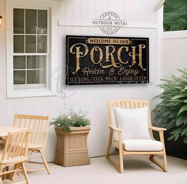 Toe Fish Art Personalize-able Welcome to our Porch sign handcrafted in Canvas or Outdoor Weatherproof Waterproof Rustproof Metal with popular sayings like Sit Long Talk Much Laugh Often, Relax & Unwind You're on Porch Time! It's always happy hour here, Good people Good drinks Great times, Sipping Grilling Chilling, Proudly serving whatever you brought, Where wasting time is considered time well spent. Instantly add fantastic curb appeal to your front door porch entryway with this Stylish Chic slate Black with Knotty Tan Brown Woodgrain lettering outdoor porch patio deck sign handmade by ToeFishArt. Outdoor Exterior Weatherproof Commercial-Grade durable Metal Sign handmade in the USA from start to finish and built to last a lifetime by the Toe Fish Art family of artisans. Add your custom Name to this beautiful original artwork for unique eye-catching decor indoors or outdoors. Original, custom, personalized wall decor signs. Canvas, Wood or Metal. Rustic modern farmhouse, cottagecore, vintage, retro, industrial, Americana, primitive, country, coastal, minimalist.