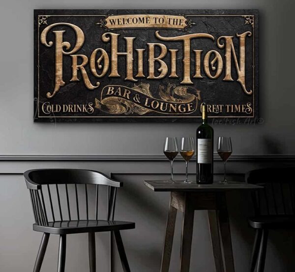 Toe Fish Art Personalized Custom Prohibition Bar & Lounge Sign Family Name Canvas and Metal options handmade by ToeFishArt. Original, custom, personalized wall decor signs. Canvas, Wood or Metal. Rustic modern farmhouse, cottagecore, vintage, retro, industrial, Americana, primitive, country, coastal, minimalist.