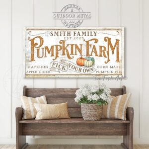 Pick Your Own Pumpkin Farm Canvas or Outdoor Metal Sign handmade by ToeFishArt. Original, custom, personalized wall decor signs. Canvas, Wood or Metal. Rustic modern farmhouse, cottagecore, vintage, retro, industrial, Americana, primitive, country, coastal, minimalist.