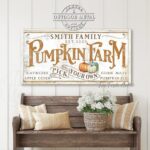 Pick Your Own Pumpkin Farm Canvas or Outdoor Metal Sign handmade by ToeFishArt. Original, custom, personalized wall decor signs. Canvas, Wood or Metal. Rustic modern farmhouse, cottagecore, vintage, retro, industrial, Americana, primitive, country, coastal, minimalist.