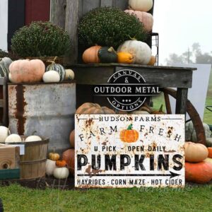 Pumpkin Farm Sign Vintage Fall Decor Family Name Canvas or Outdoor Metal Print handmade by ToeFishArt. Original, custom, personalized wall decor signs. Canvas, Wood or Metal. Rustic modern farmhouse, cottagecore, vintage, retro, industrial, Americana, primitive, country, coastal, minimalist.