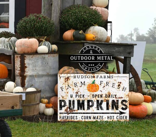 Pumpkin Farm Sign Vintage Fall Decor Family Name Canvas or Outdoor Metal Print handmade by ToeFishArt. Original, custom, personalized wall decor signs. Canvas, Wood or Metal. Rustic modern farmhouse, cottagecore, vintage, retro, industrial, Americana, primitive, country, coastal, minimalist.