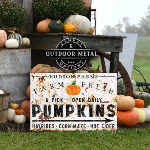 Pumpkin Farm Sign Vintage Fall Decor Family Name Canvas or Outdoor Metal Print handmade by ToeFishArt. Original, custom, personalized wall decor signs. Canvas, Wood or Metal. Rustic modern farmhouse, cottagecore, vintage, retro, industrial, Americana, primitive, country, coastal, minimalist.