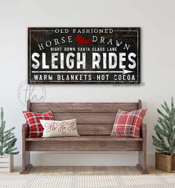 Old Fashioned personalize-able Horse Drawn Sleigh Rides Sign handmade by ToeFishArt. Original, custom, personalized wall decor signs. Canvas, Wood or Metal. Rustic modern farmhouse, cottagecore, vintage, retro, industrial, Americana, primitive, country, coastal, minimalist.