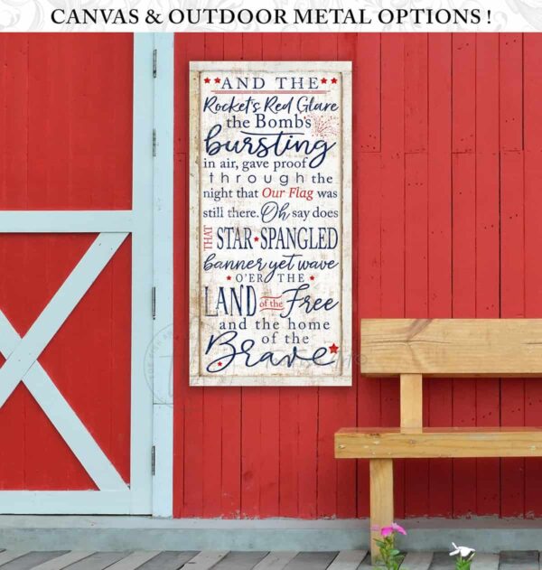 Star Spangled Banner Sign handmade by ToeFishArt. Original, custom, personalized wall decor signs. Canvas, Wood or Metal. Rustic modern farmhouse, cottagecore, vintage, retro, industrial, Americana, primitive, country, coastal, minimalist.