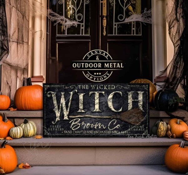 Wicked Witch Broom Co. Sign handmade by ToeFishArt. Original, custom, personalized wall decor signs. Canvas, Wood or Metal. Rustic modern farmhouse, cottagecore, vintage, retro, industrial, Americana, primitive, country, coastal, minimalist.