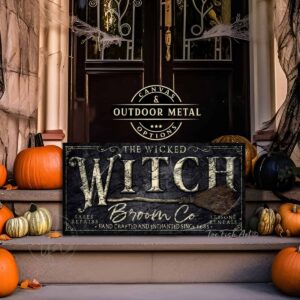 Wicked Witch Broom Co. Sign handmade by ToeFishArt. Original, custom, personalized wall decor signs. Canvas, Wood or Metal. Rustic modern farmhouse, cottagecore, vintage, retro, industrial, Americana, primitive, country, coastal, minimalist.