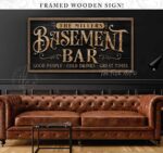 Basement Bar Sign handmade by ToeFishArt. Original, custom, personalized wall decor signs. Canvas, Wood or Metal. Rustic modern farmhouse, cottagecore, vintage, retro, industrial, Americana, primitive, country, coastal, minimalist.