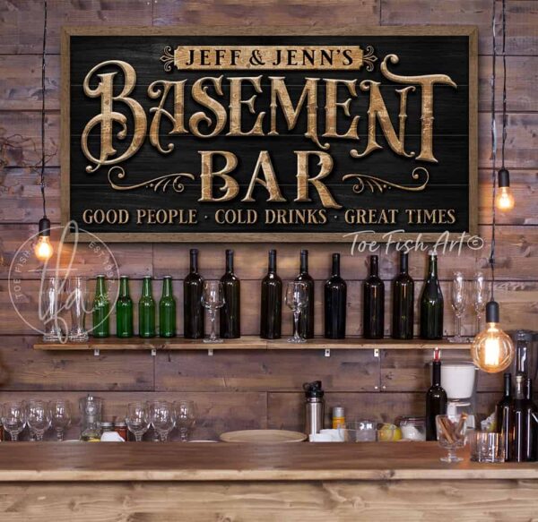 Basement Bar Sign handmade by ToeFishArt. Original, custom, personalized wall decor signs. Canvas, Wood or Metal. Rustic modern farmhouse, cottagecore, vintage, retro, industrial, Americana, primitive, country, coastal, minimalist.
