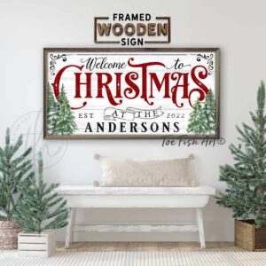 Welcome to Christmas framed hardwood shiplap sign handmade by ToeFishArt. Original, custom, personalized wall decor signs. Canvas, Wood or Metal. Rustic modern farmhouse, cottagecore, vintage, retro, industrial, Americana, primitive, country, coastal, minimalist.