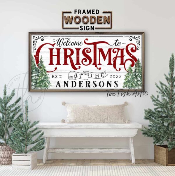 Welcome to Christmas framed hardwood shiplap sign handmade by ToeFishArt. Original, custom, personalized wall decor signs. Canvas, Wood or Metal. Rustic modern farmhouse, cottagecore, vintage, retro, industrial, Americana, primitive, country, coastal, minimalist.