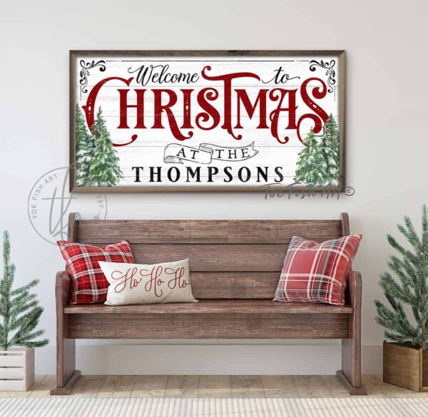 Welcome to Christmas framed hardwood shiplap sign handmade by ToeFishArt. Original, custom, personalized wall decor signs. Canvas, Wood or Metal. Rustic modern farmhouse, cottagecore, vintage, retro, industrial, Americana, primitive, country, coastal, minimalist.