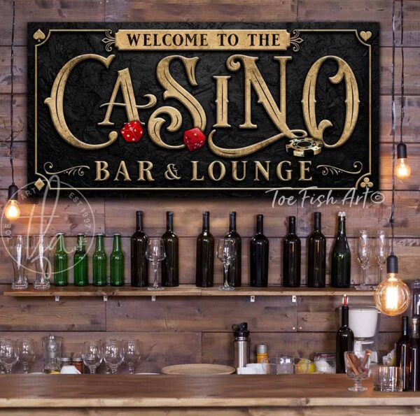 Toe Fish Art Casino Bar & Lounge Canvas or Outdoor Waterproof Metal Personalize-able Custom Sign in Vintage Slate Black with Rustic Gold lettering, perfect for your poker room, mancave, game room. Handmade to-order in the USA by American small family woman-owned company ToeFishArt, doing business since 1997. Personalized Canvas or Outdoor Exterior Commercial-Grade Metal Sign handmade in the USA and built to last a lifetime by Toe Fish Art. Add your family name or catch phrase title to this beautiful artwork for unique eye-catching appeal indoors or for your outdoor party space. Color options available. Original, custom, personalized wall decor signs. Canvas, Wood or Metal. Rustic modern farmhouse, cottagecore, vintage, retro, industrial, Americana, primitive, country, coastal, minimalist.