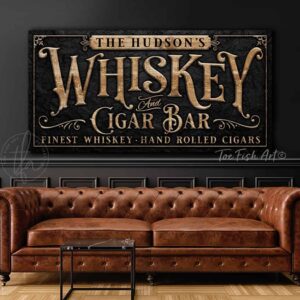 Toe Fish Art Whiskey and Cigar Bar Personalize-able custom Sign, Finest Whiskey Hand Rolled Cigars, Canvas or Outdoor Waterproof Metal Sign in Vintage Slate Black with Rustic Distressed Gold lettering or Knotty Tan Woodgrain-style lettering, perfect for your poker room, mancave, game room, garage bar or bar & lounge. Handmade to-order in the USA by American small family woman-owned company ToeFishArt, doing business since 1997. Personalized Canvas or Outdoor Exterior Commercial-Grade Metal Sign handmade in the USA and built to last a lifetime by Toe Fish Art. Add your personal name or catch phrase title to this beautiful artwork for unique eye-catching appeal indoors or for your outdoor hangout space. Color options available. Original, custom, personalized wall decor signs. Canvas, Wood or Metal. Rustic modern farmhouse, cottagecore, vintage, retro, industrial, Americana, primitive, country, coastal, minimalist.