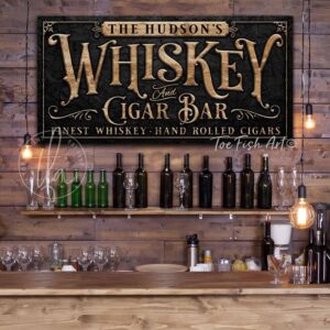 Whiskey and Cigar Bar Sign handmade by ToeFishArt. Original, custom, personalized wall decor signs. Canvas, Wood or Metal. Rustic modern farmhouse, cottagecore, vintage, retro, industrial, Americana, primitive, country, coastal, minimalist.